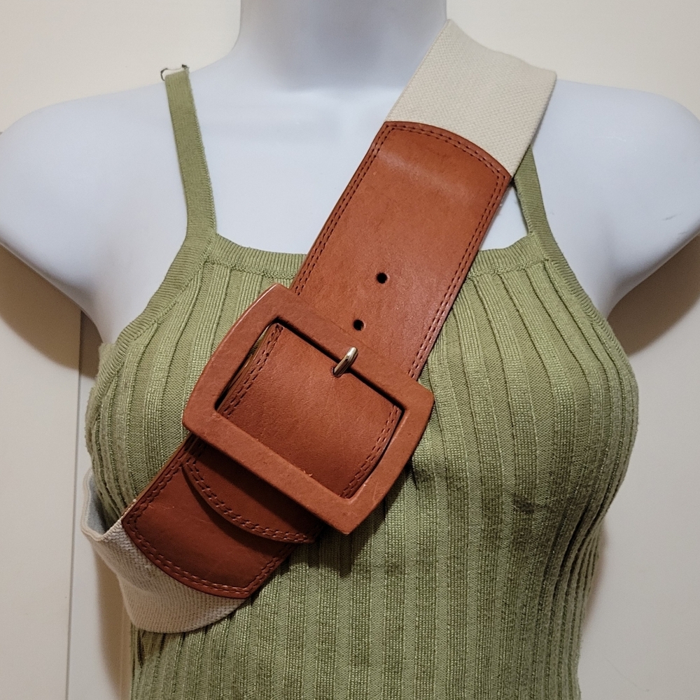 Vintage Wide Waist Elastic Canvas and Cognac Leather Women's Belt